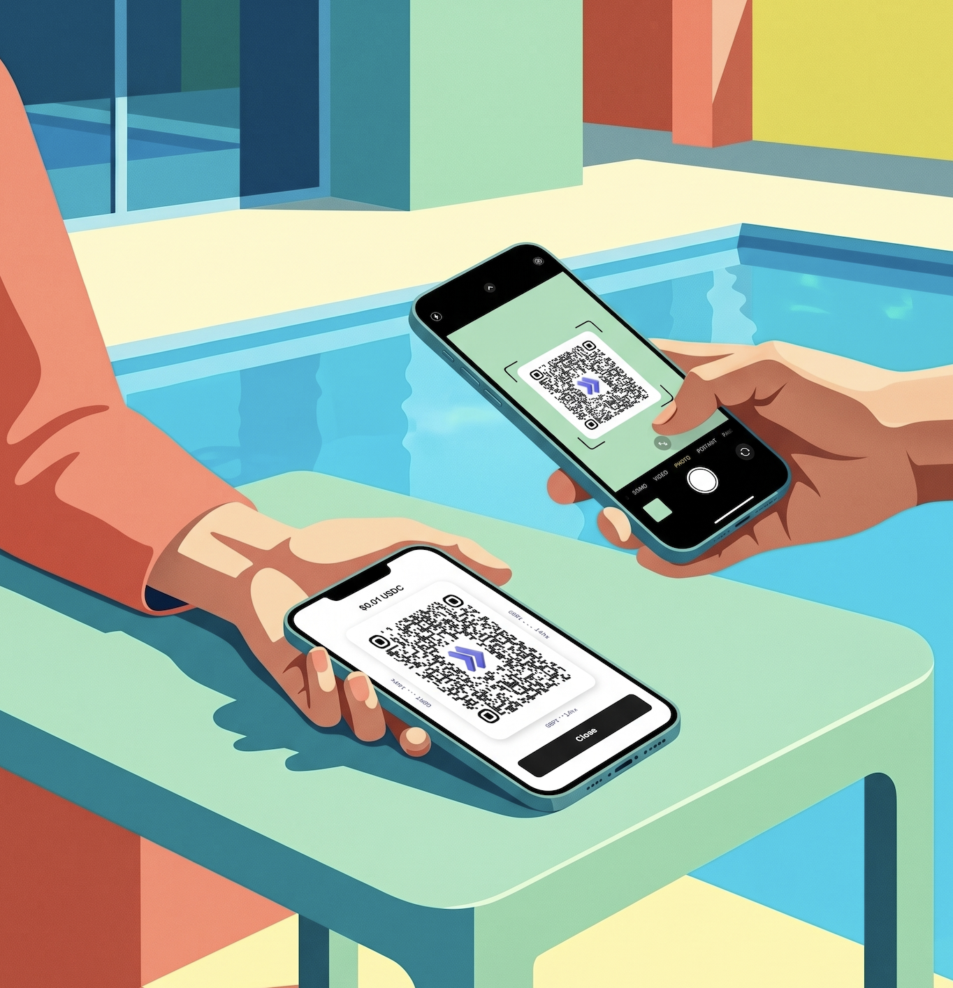 Illustration of two people completing a USDC payment by scanning a QR code outdoors